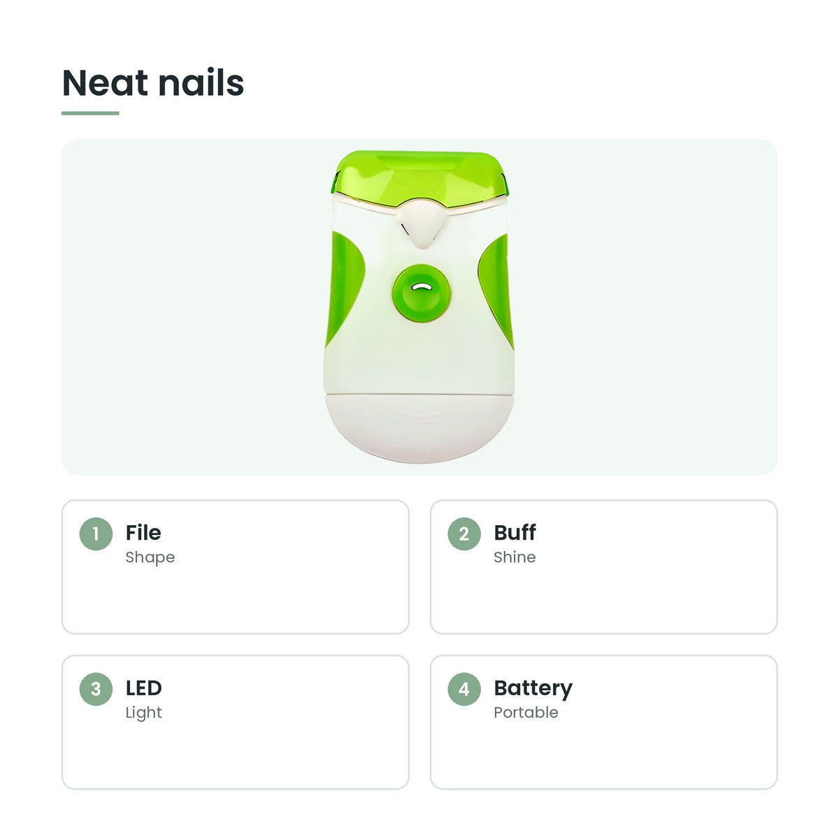 Portable electric nail trimmer key features: file, buff, led, battery