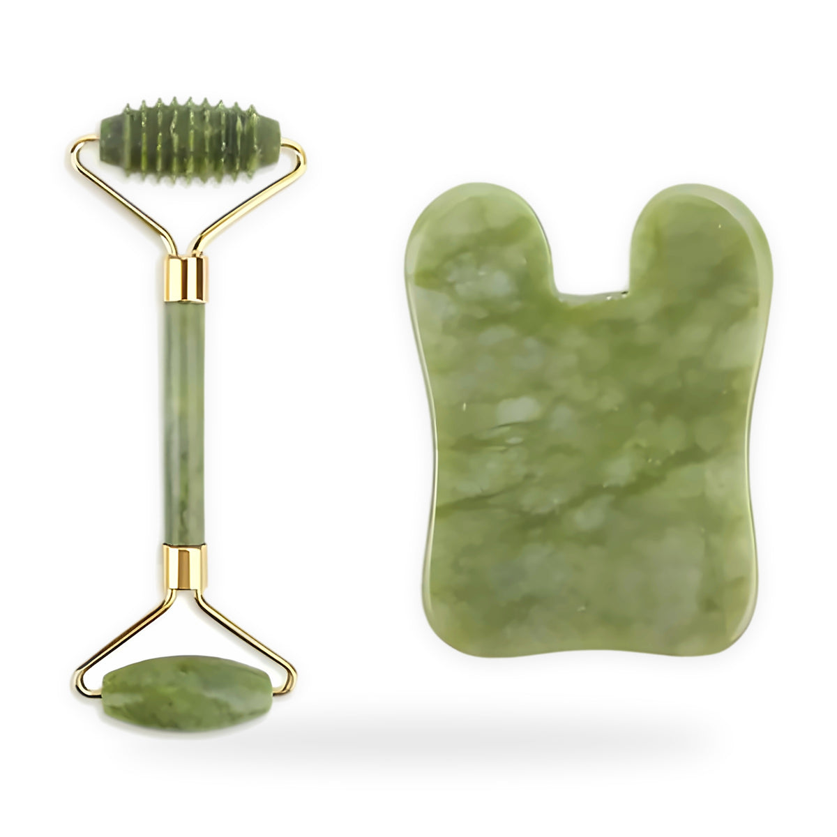 Jade roller and gua sha kit on a white background