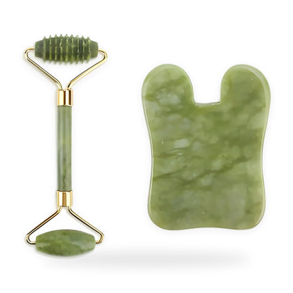 Jade roller and gua sha kit on a white background