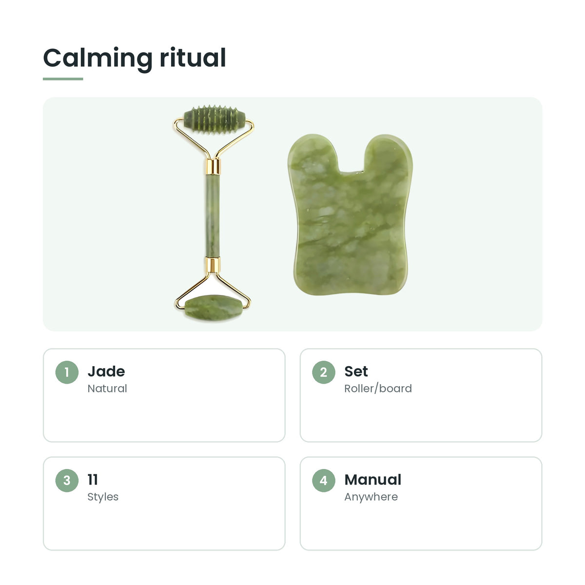 Jade roller and gua sha kit key features: jade, set, 11, manual