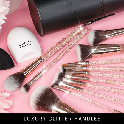 Luxurious 15pc Rose Gold Glitter Makeup Brush Set