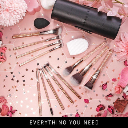 Luxurious 15pc Rose Gold Glitter Makeup Brush Set