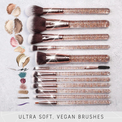 Luxurious 15pc Rose Gold Glitter Makeup Brush Set