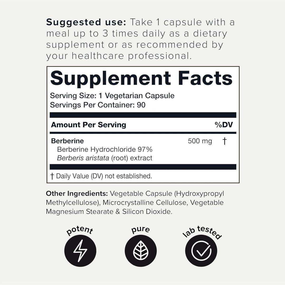 Pure Berberine HCl 500mg - 90 Vegan Capsules | High Potency