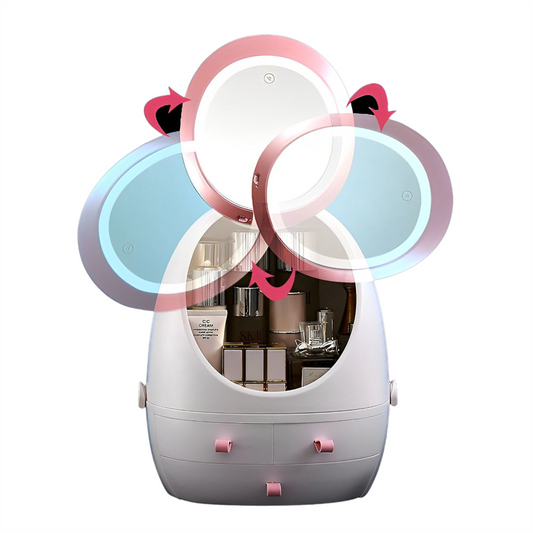 Cosmetic Storage Box with Makeup LED Mirror - Egg-Shaped Organiser
