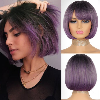 Short Wig with Bangs Pink Black Bob Wigs