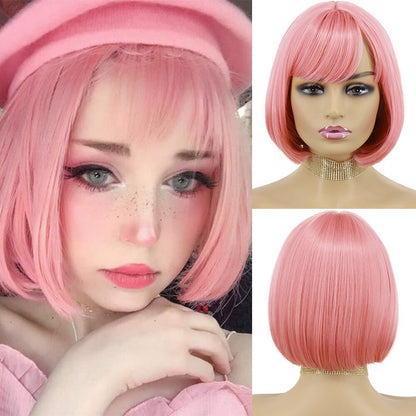 Short Wig with Bangs Pink Black Bob Wigs